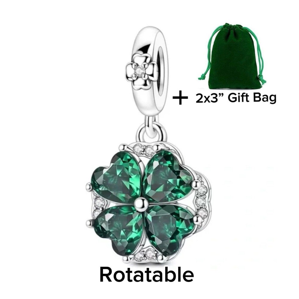 Green Lucky Four Leaf Clover Dangle Charm | 925 Silver | Brand New
